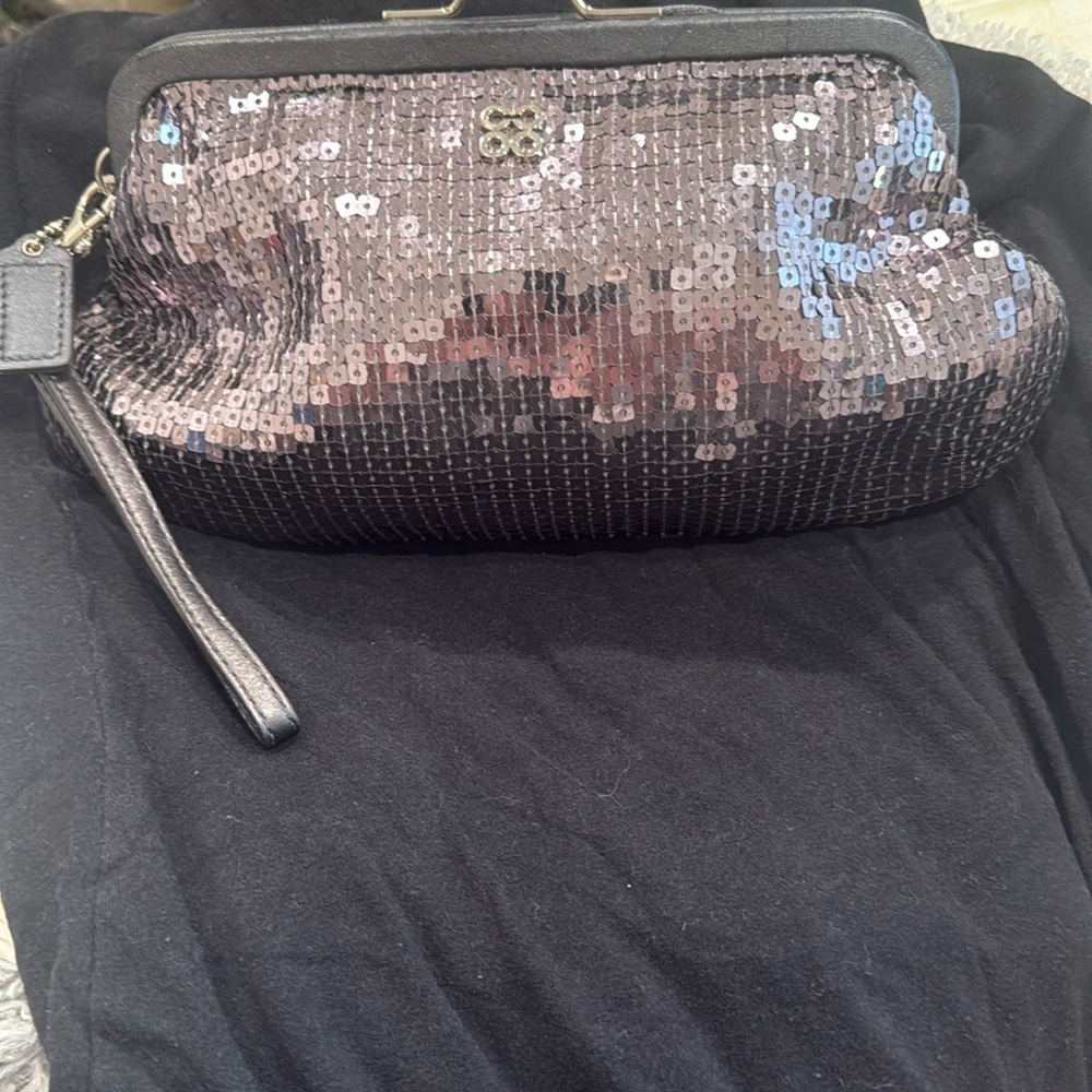 Coach Black and Silver Wristlet Clutch with Metallic Finish